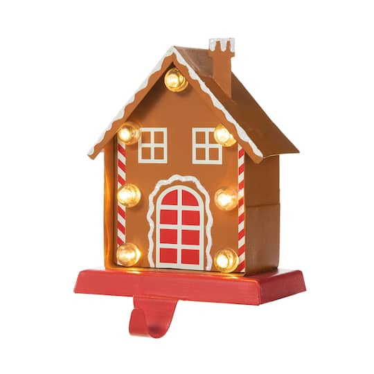 Glitzhome&#xAE; 6.75&#x27;&#x27; Marquee LED Gingerbread House Metal Christmas Stocking Holder